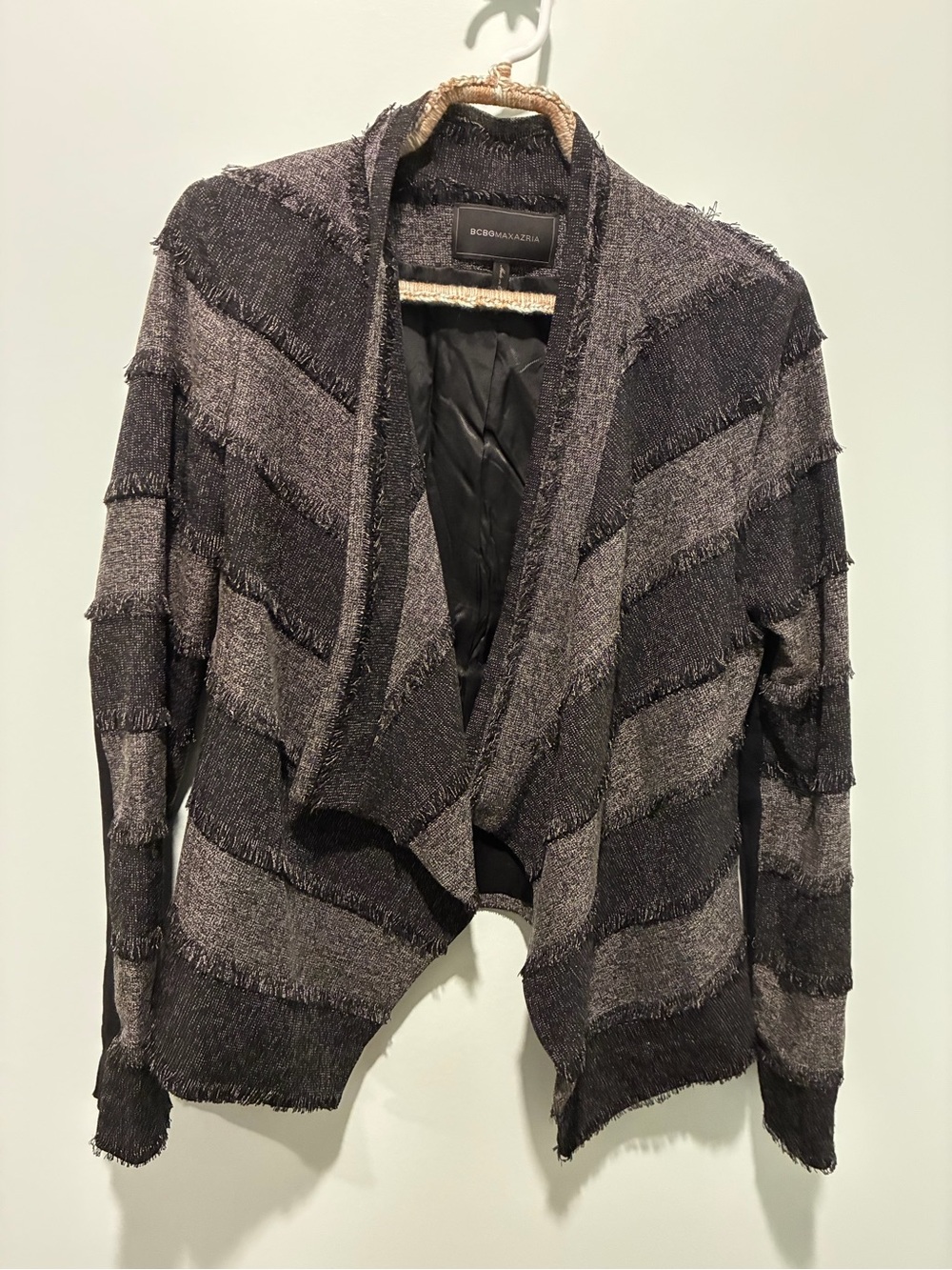 BCBGMaxAzria Black Aubree Tweed Open Waterfall Cardigan Blazer Jacket Medium